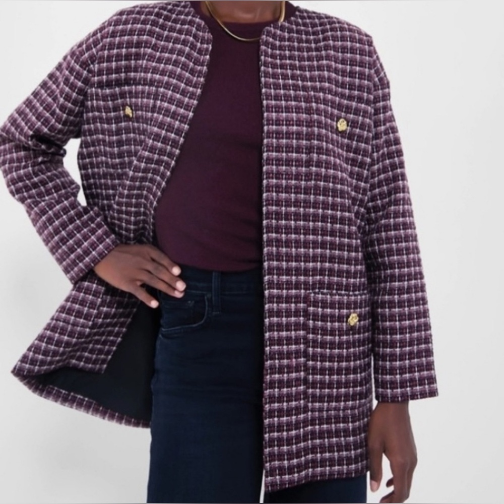 Pomander Place Plum Multi Tweed Gigi Open Front Blazer Crested Gold Buttons